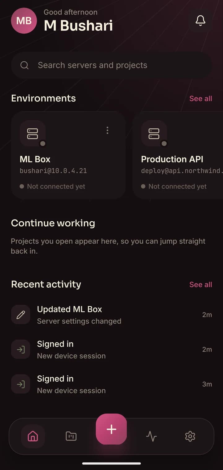 Hectix home screen showing three servers and recent activity