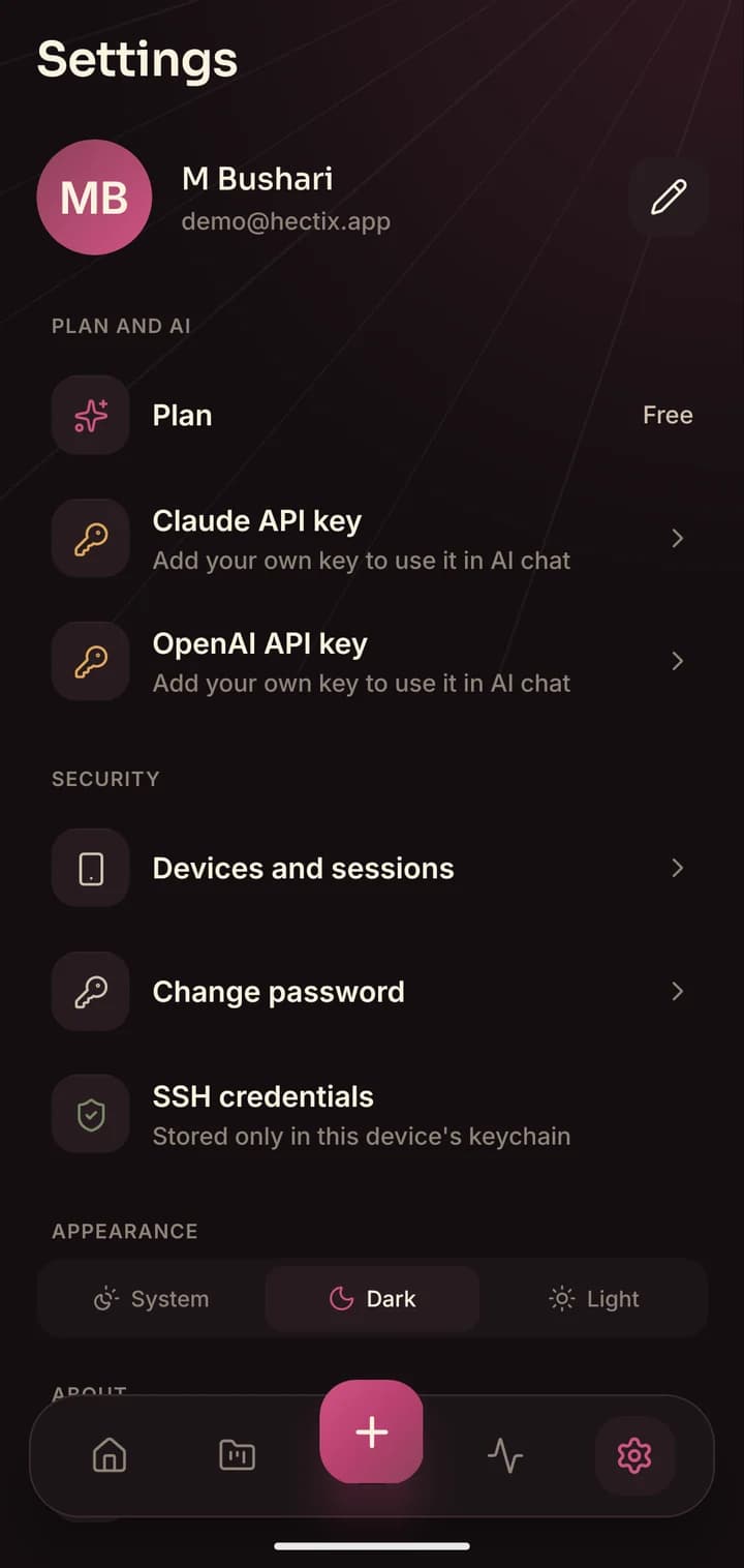 Hectix settings: SSH credentials stored only in this device's keychain