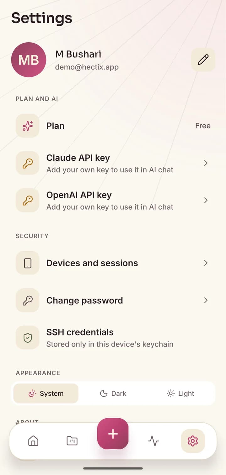 Hectix settings: SSH credentials stored only in this device's keychain